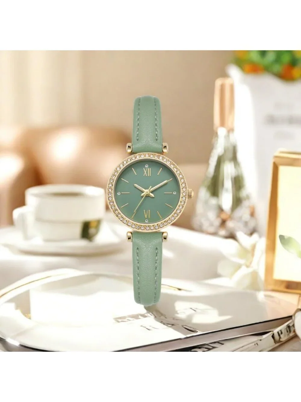 Women's Green Analog Quartz Leather Band Crystal Rhinestone Bezel Wrist Watch